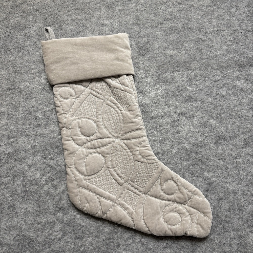 Pottery Barn Velvet‎ Quilted Christmas Stocking Taupe Beige Scroll
